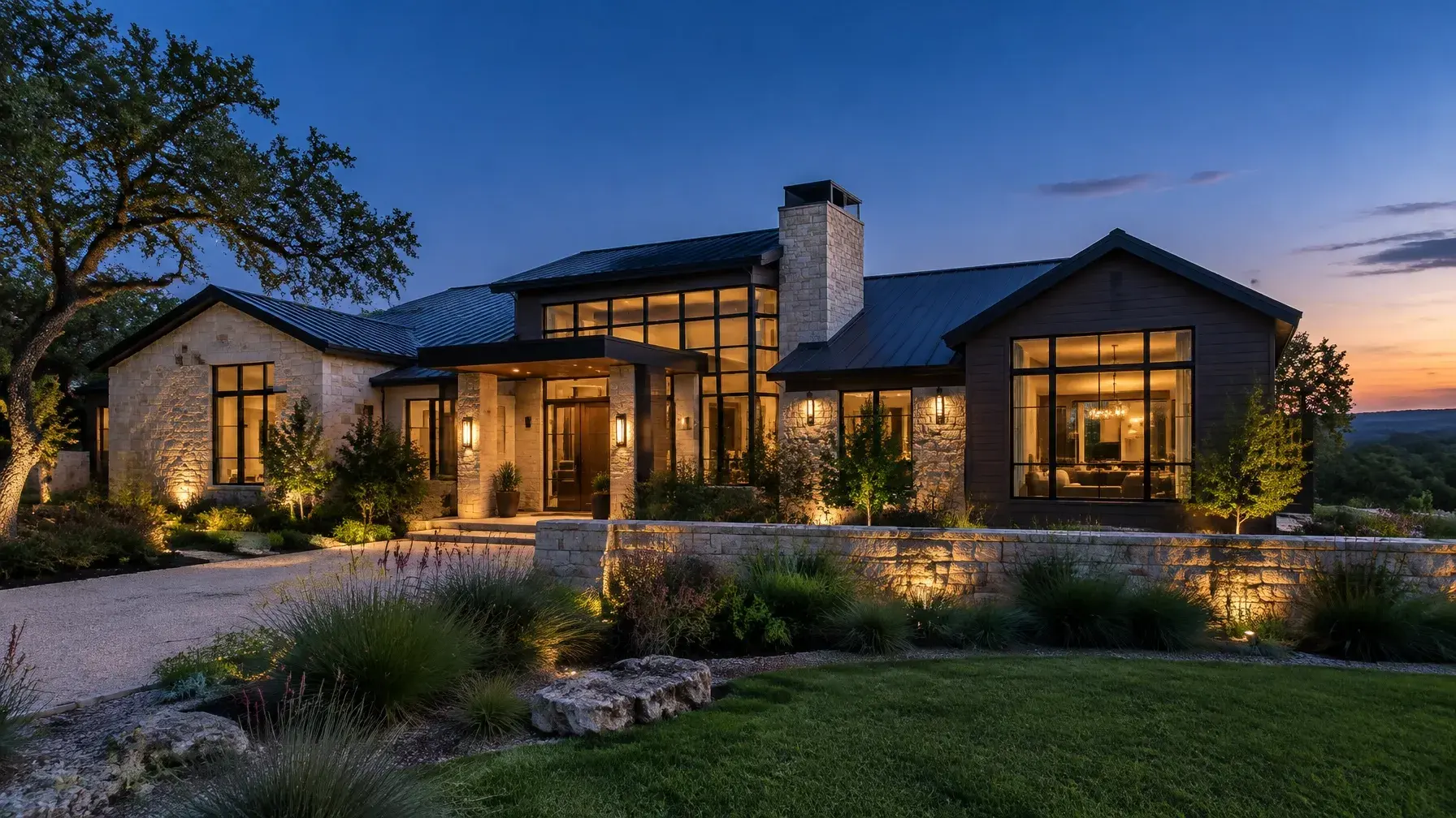 Modern Texas Hill Country home above Lake Travis at golden hour